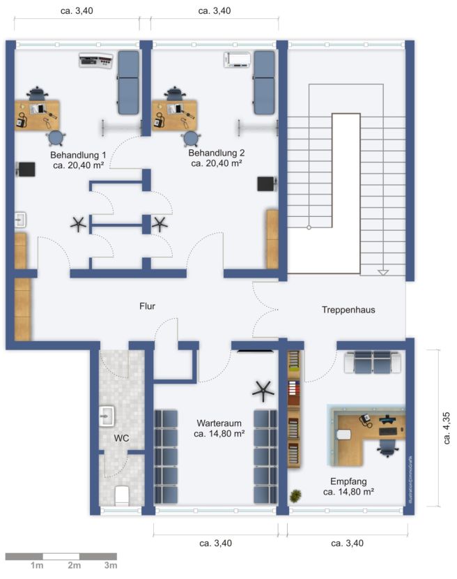 Grundriss mit Bsp. M�blierung Freiberg Praxis Gewerber�ume B�ro (ehemalige Praxis) in guter zentraler Lage von Freiberg, vielseitig nutzbar!