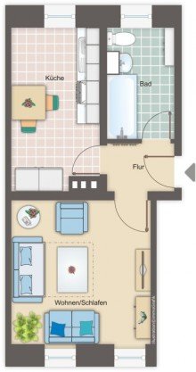 Grundriss m�bliert 1 Monat kaltmietfrei ** - 1 Zi.-Whg. mit Einbauk�che, nur ca. 700 m bis zur Altstadt