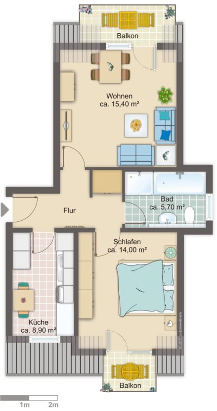 Grundriss mit Bsp. M�blierung Dachgeschosswohnung Freiberg